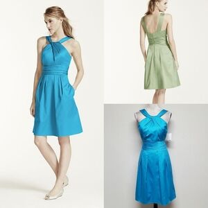 David's Bridal Malibu Blue Cotton Y Neck Sateen Pleated Pocket Mini Dress 10